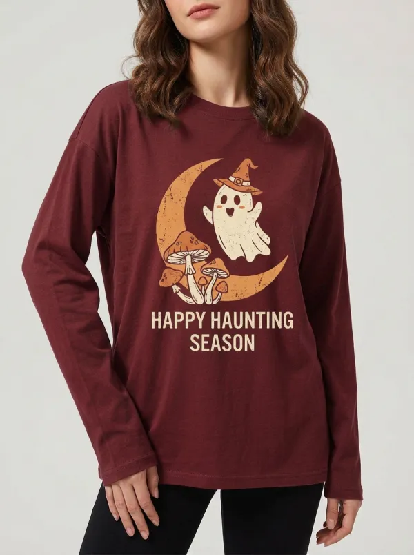 Women's Halloween Ghost Mushroom Moon Printed Long Sleeve T-shirt