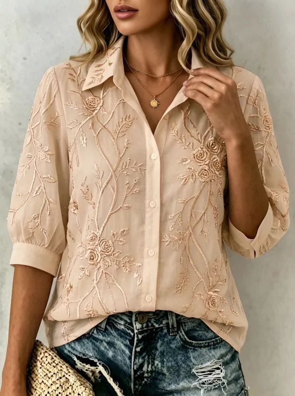 Women's Breast Cancer Awareness Pink Floral Embroidered Button-up Shirt
