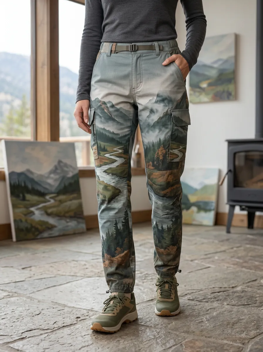 Women's Nature Lover Mountain River Landscape Printed Cargo Pants