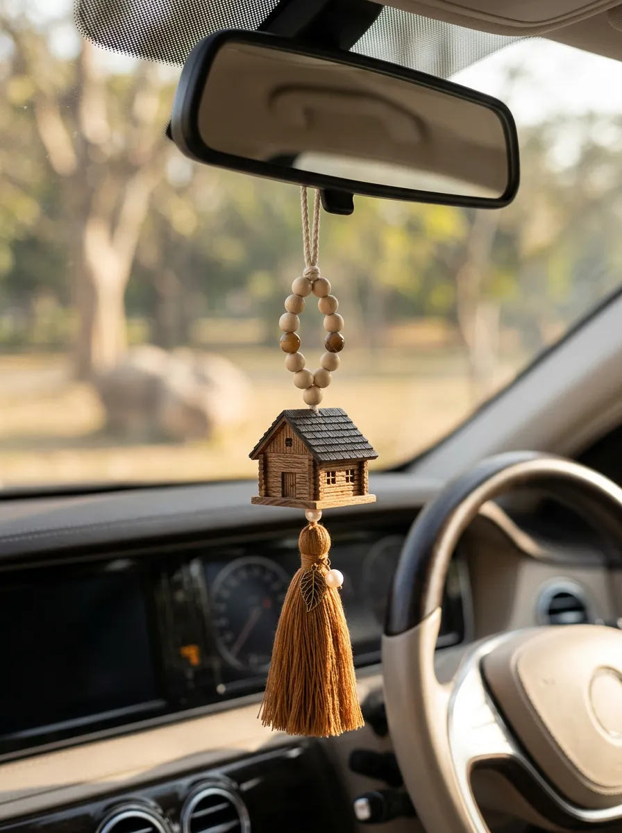 Refined Tassel Wooden Rearview Mirror Hanging Ornament