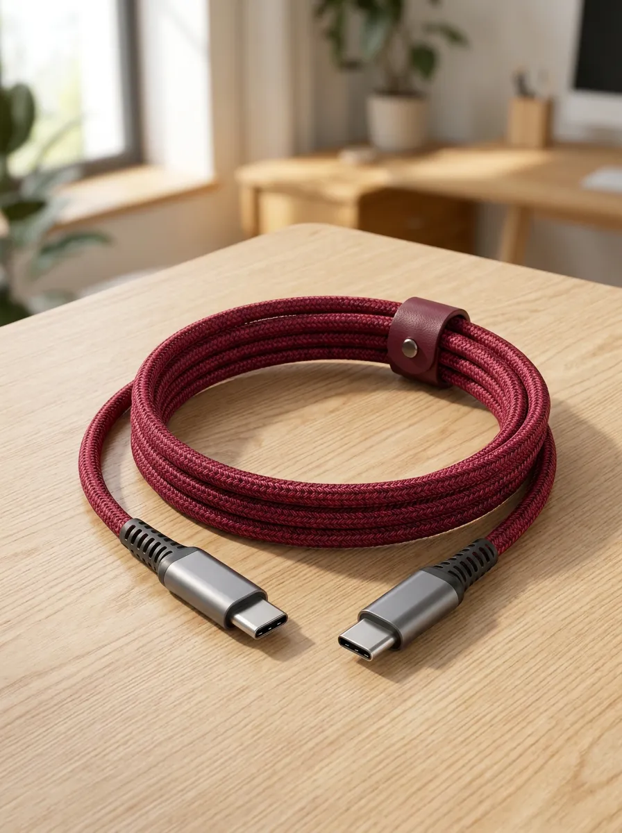 Burgundy Braided Leather-Strap USB-C Charging Cable