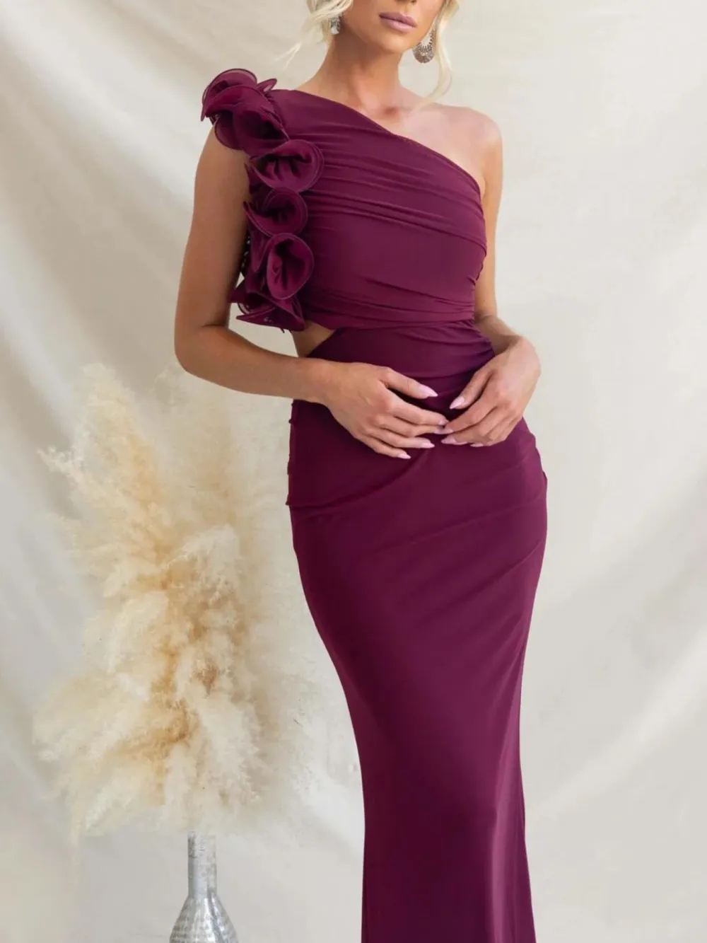 Ruched One-Shoulder Sleeveless Floral Maxi Dress