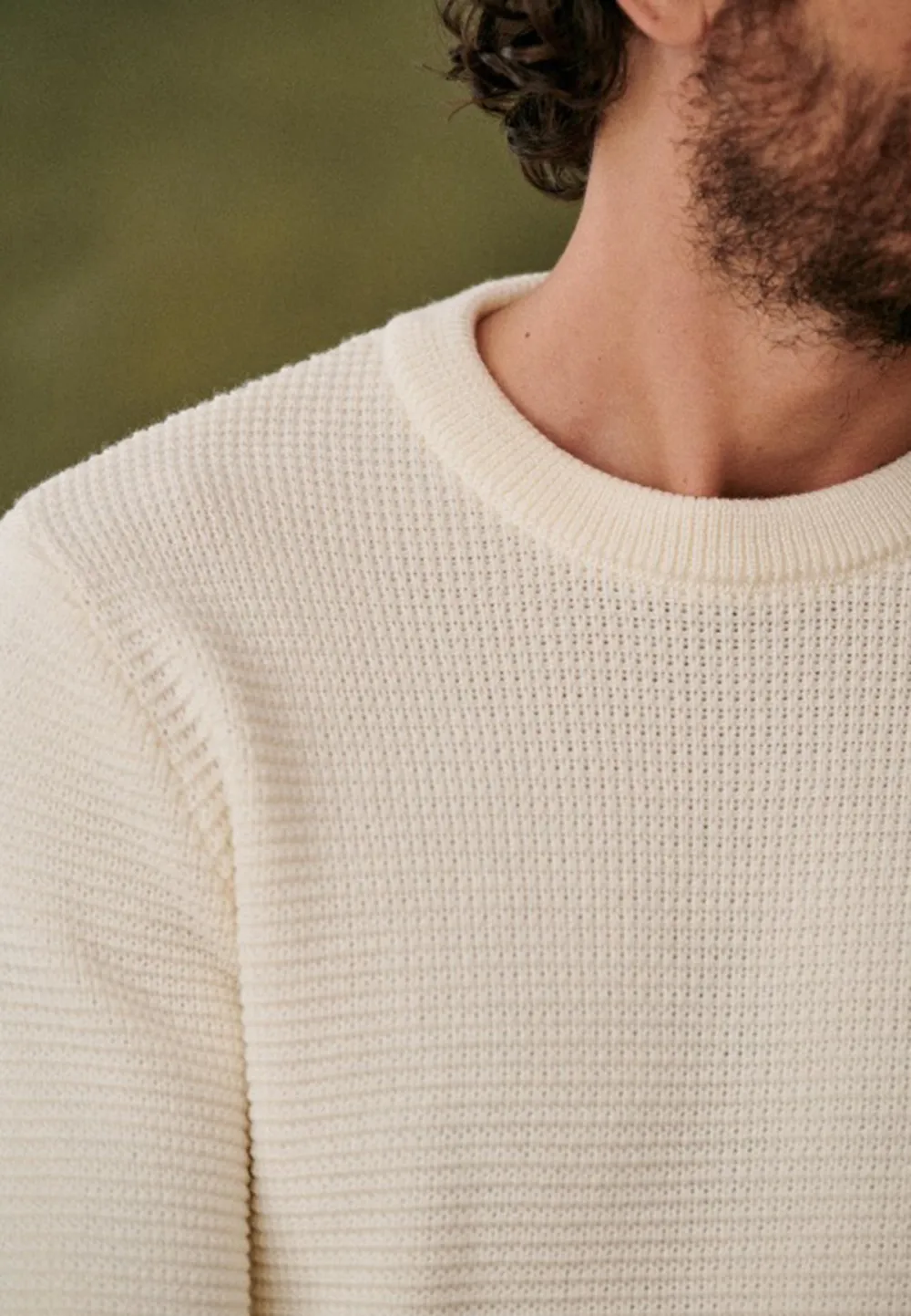 Ecru Waffle Knit Textured Crew Neck Sweater