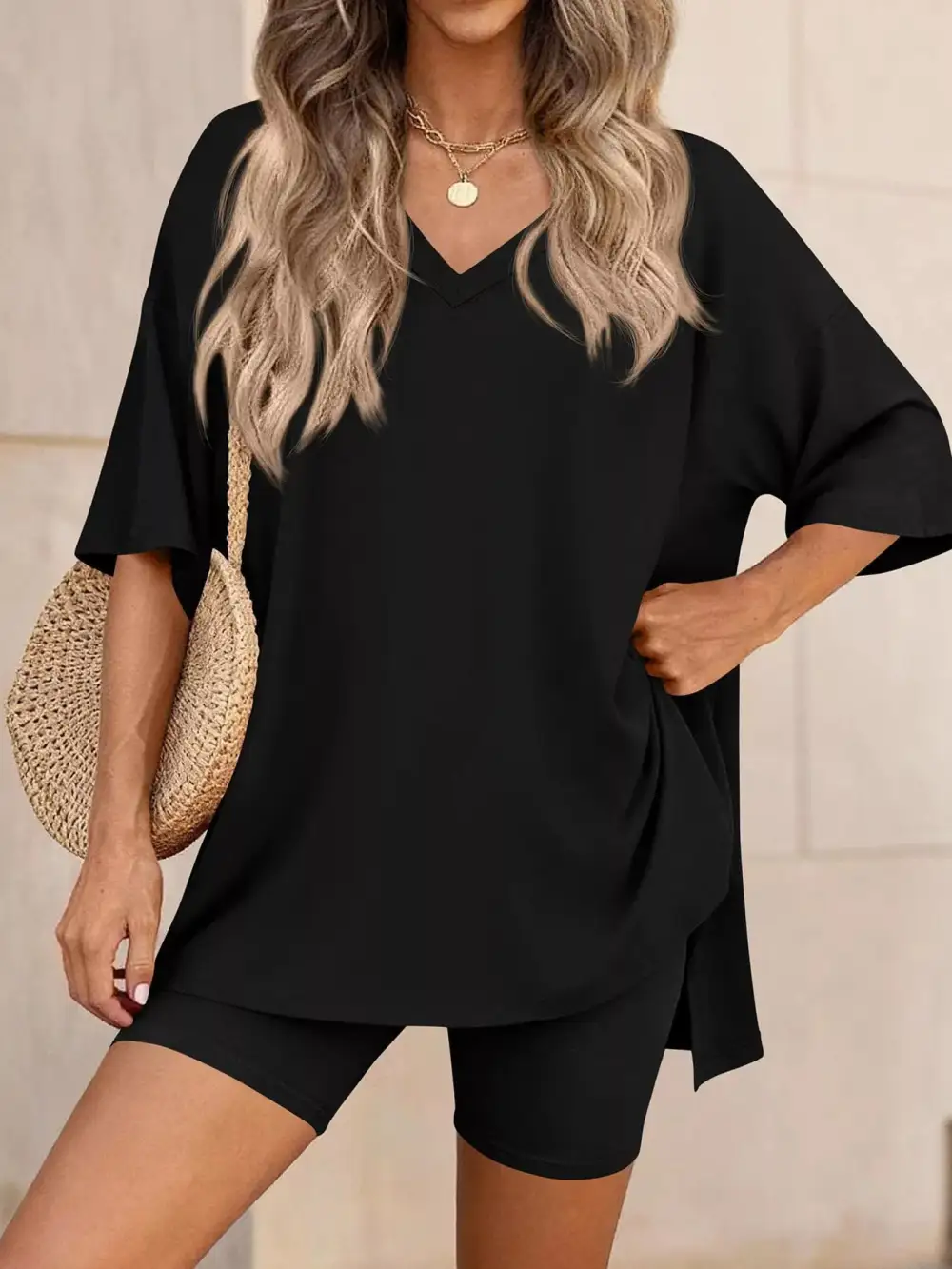 Casual Loose V Neck T Shirt Shorts Sets