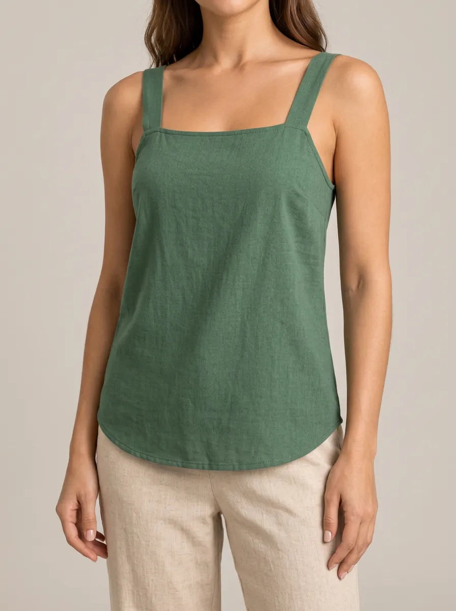 Women's Square Neck Wide Strap Curved Hem Linen Everyday Camisole Top