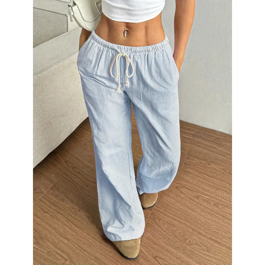 Drawstring Striped Wide Leg Pants