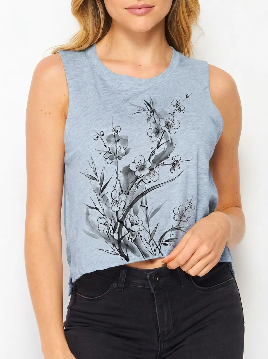 Women's Floral Art Lover Plum Blossom Bamboo Printed Crop Tank Top