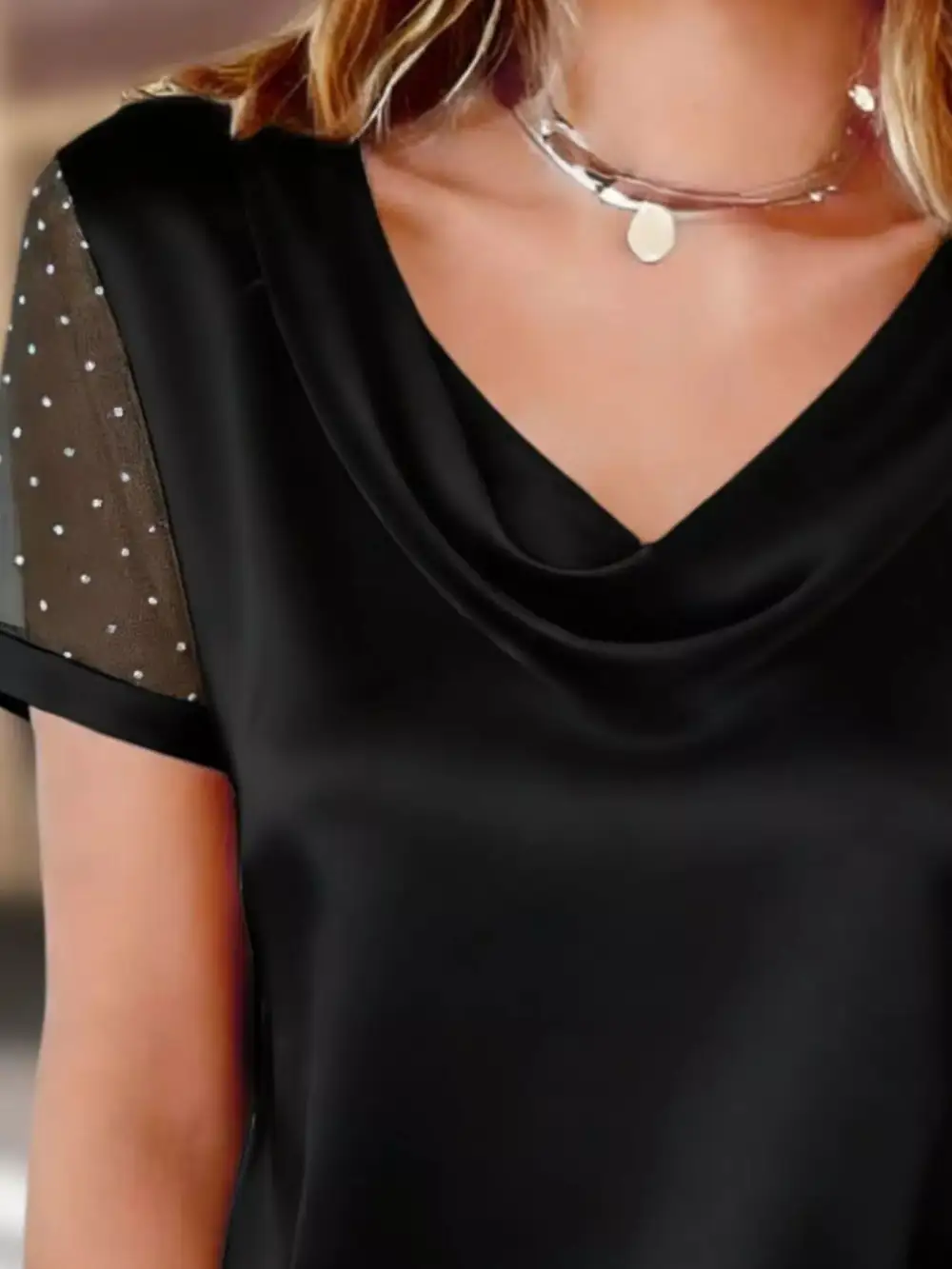 Cowl Neck Polka Dot Short Sleeve Top