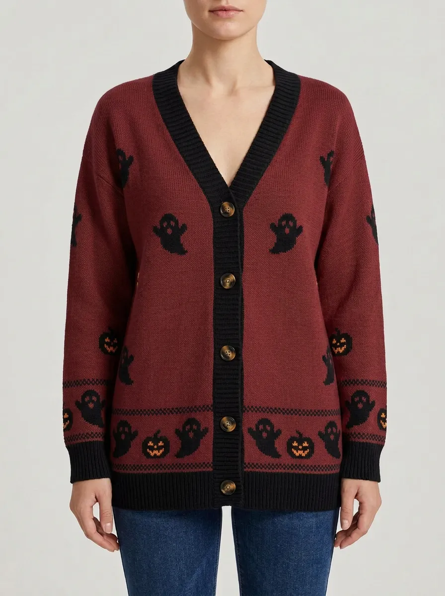 Women's Halloween Ghost Pumpkin Pattern Knitted Cardigan