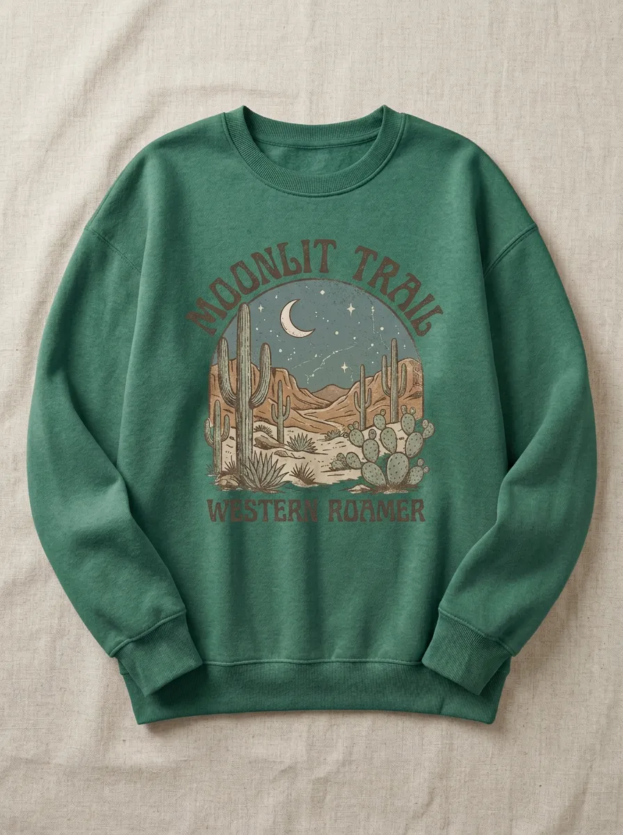 Desert-Inspired Cactus Moon Western Graphic Sweatshirt