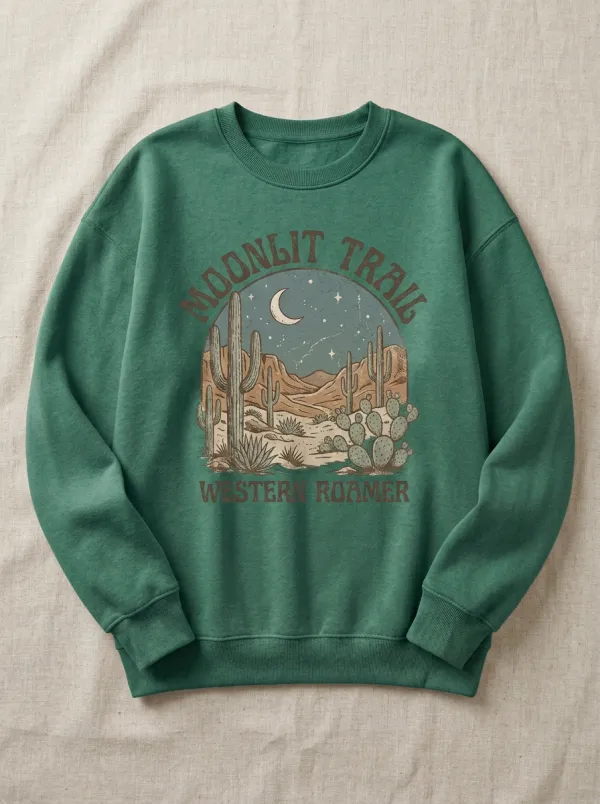 Desert-Inspired Cactus Moon Western Graphic Sweatshirt