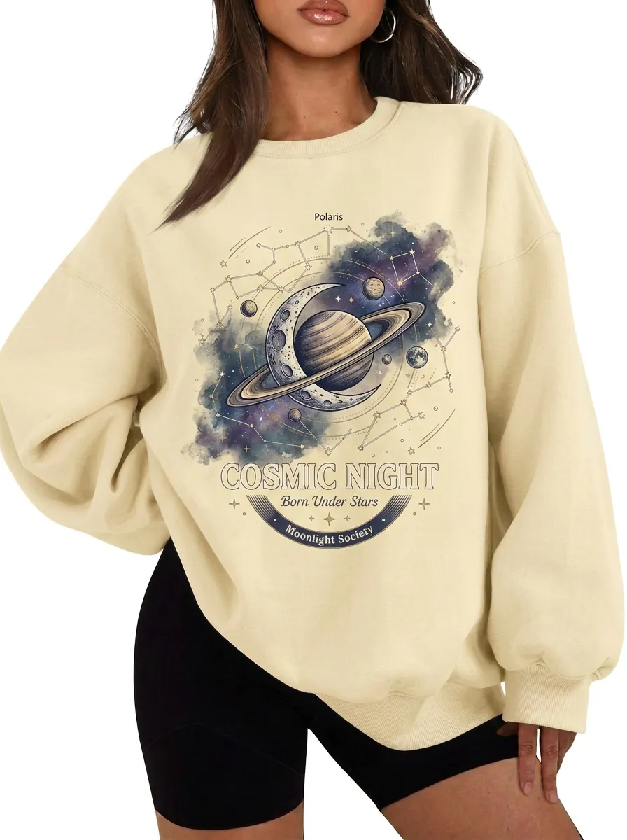 Women's Astronomy Lover Cosmic Night Planet Moon Printed T-shirt