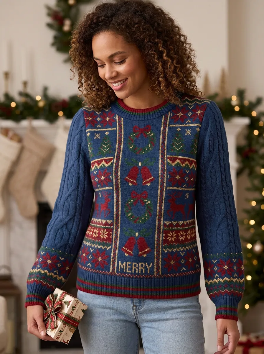 Christmas Reindeer Wreath Bell Pattern Print Sweater