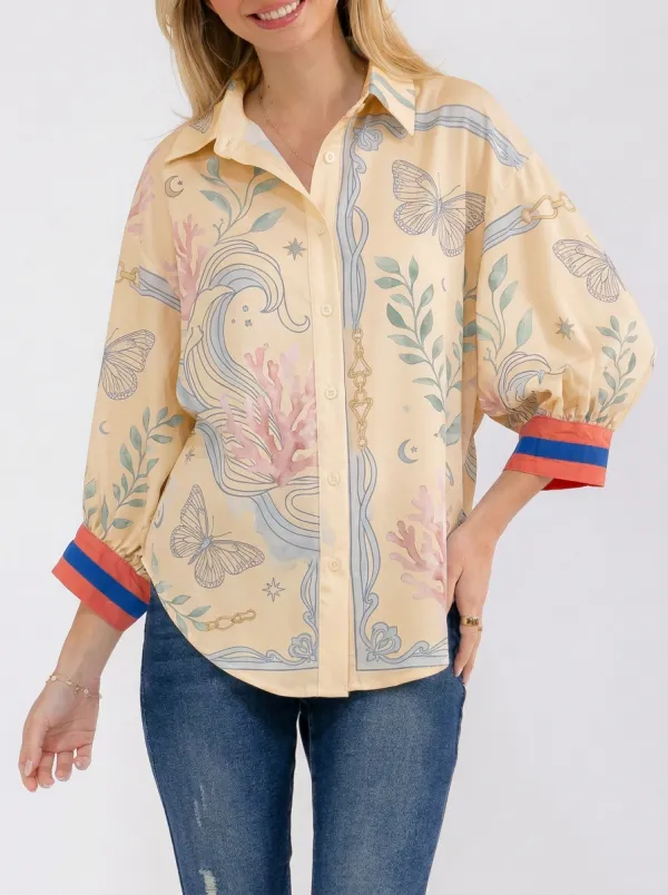 Women's Butterfly Coral Reef Botanical Printed Button-up Shirt
