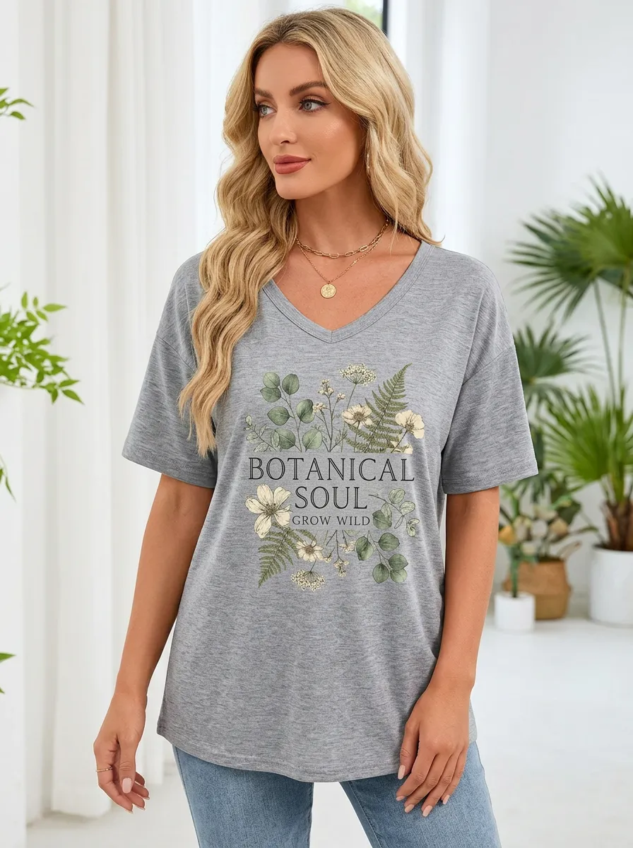 Women's Botanical Soul Nature Lover Floral Printed V-neck T-shirt