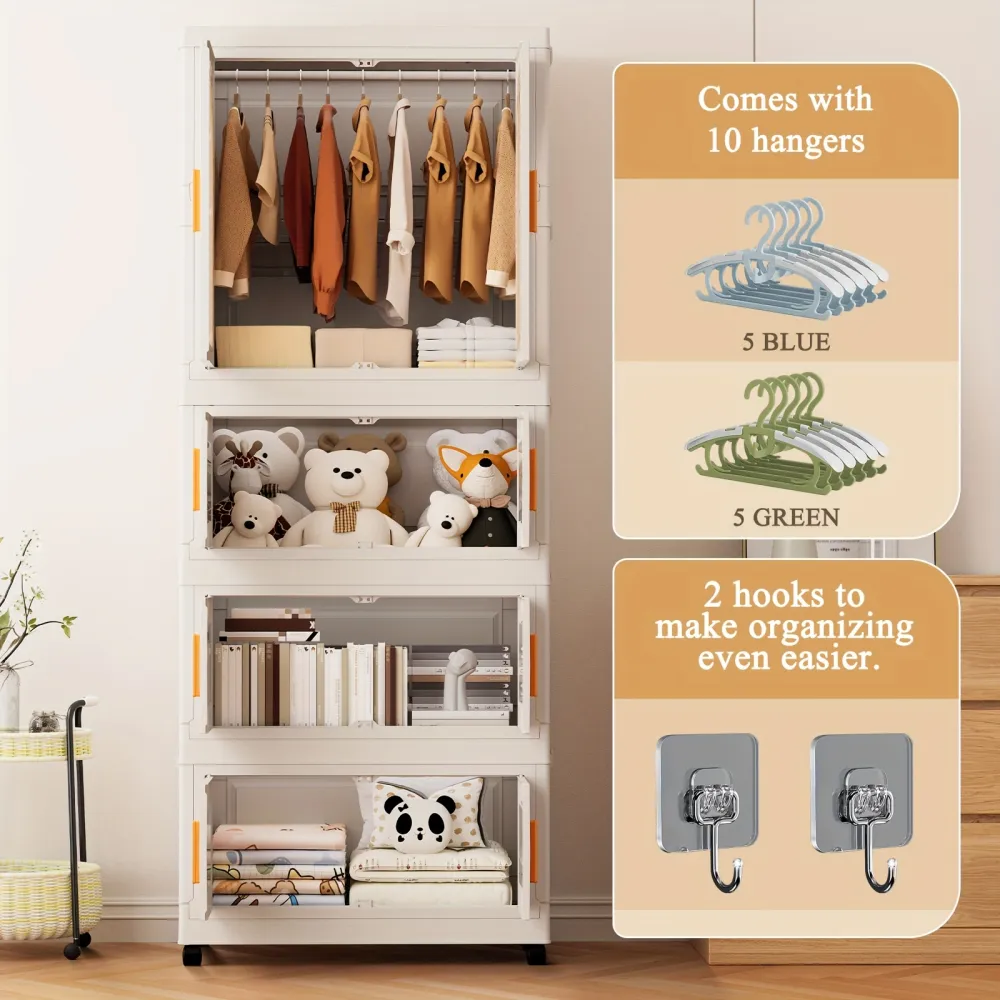 Multi-Layer Modular Storage Cabinet with Hangers & Hooks, Home Organizer for Clothes and Toys