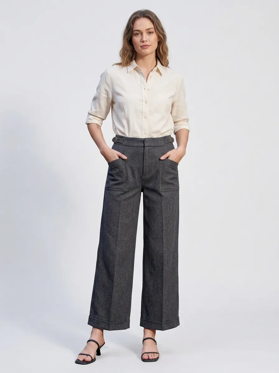 Women's Vintage Herringbone Pattern Printed Wide Leg Trousers
