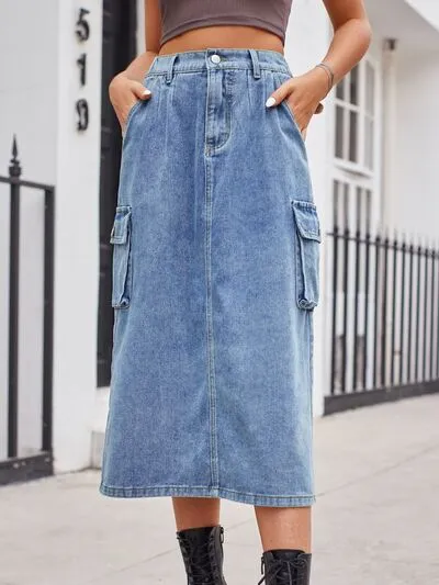 Relaxed Slit Buttoned Denim Pockets Skirt