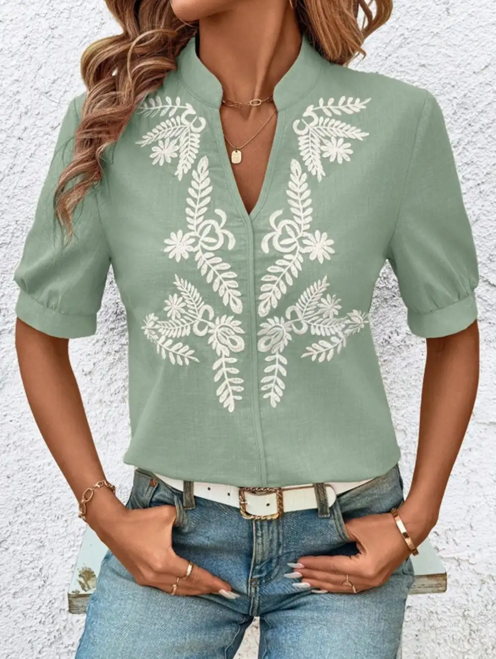 V Neck Embroidered Cotton Short Sleeve Blouse