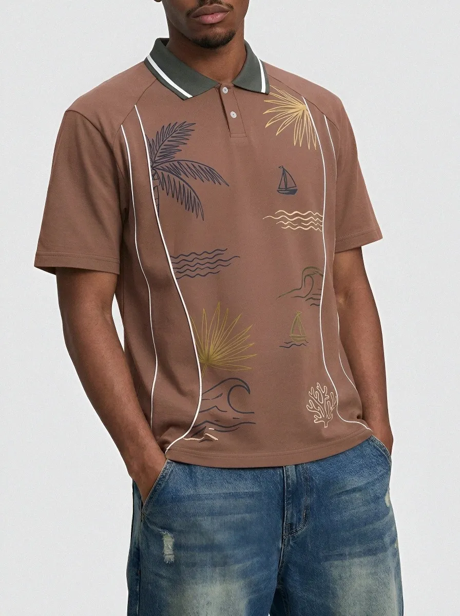 Men's Tropical Beach Vacation Palm Tree Sailboat Printed Polo Shirt