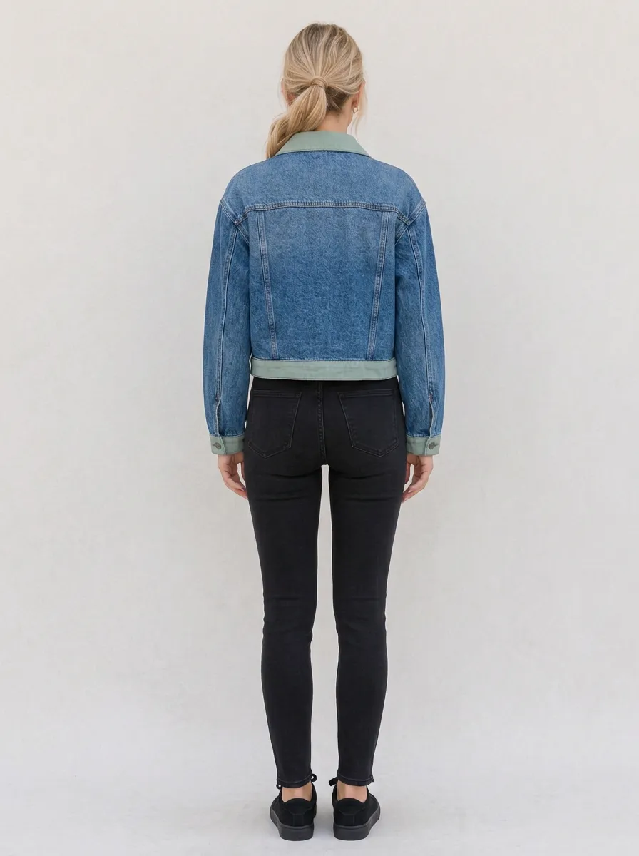Women's Vintage Wash Contrast Collar Zip-Up Denim Jacket