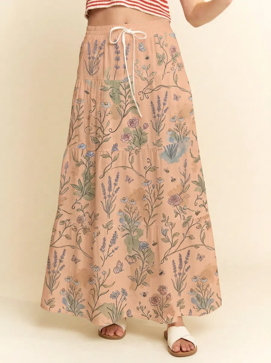 Women's Tiered Botanical Garden Floral Butterfly Printed Maxi Skirt