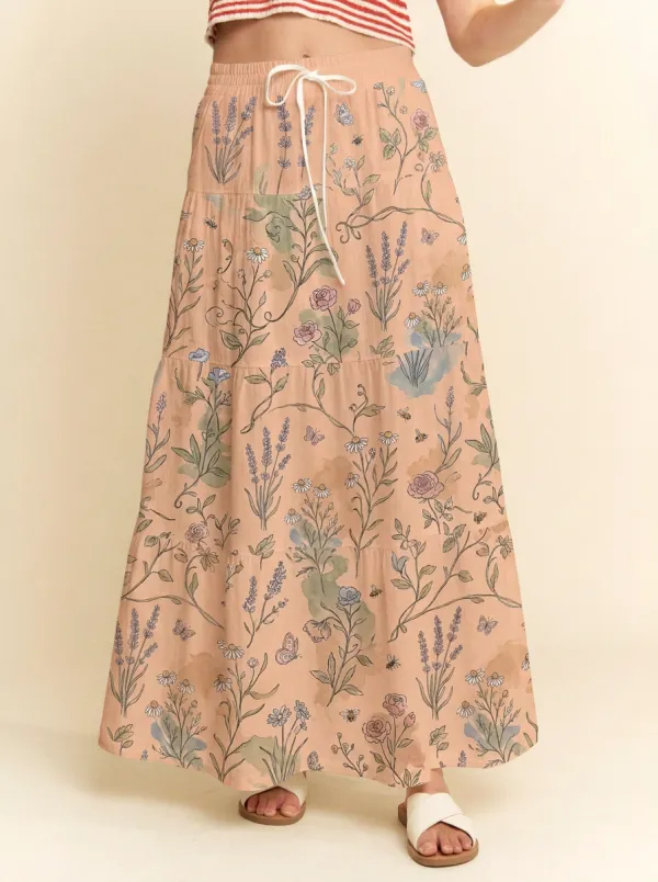 Women's Tiered Botanical Garden Floral Butterfly Printed Maxi Skirt
