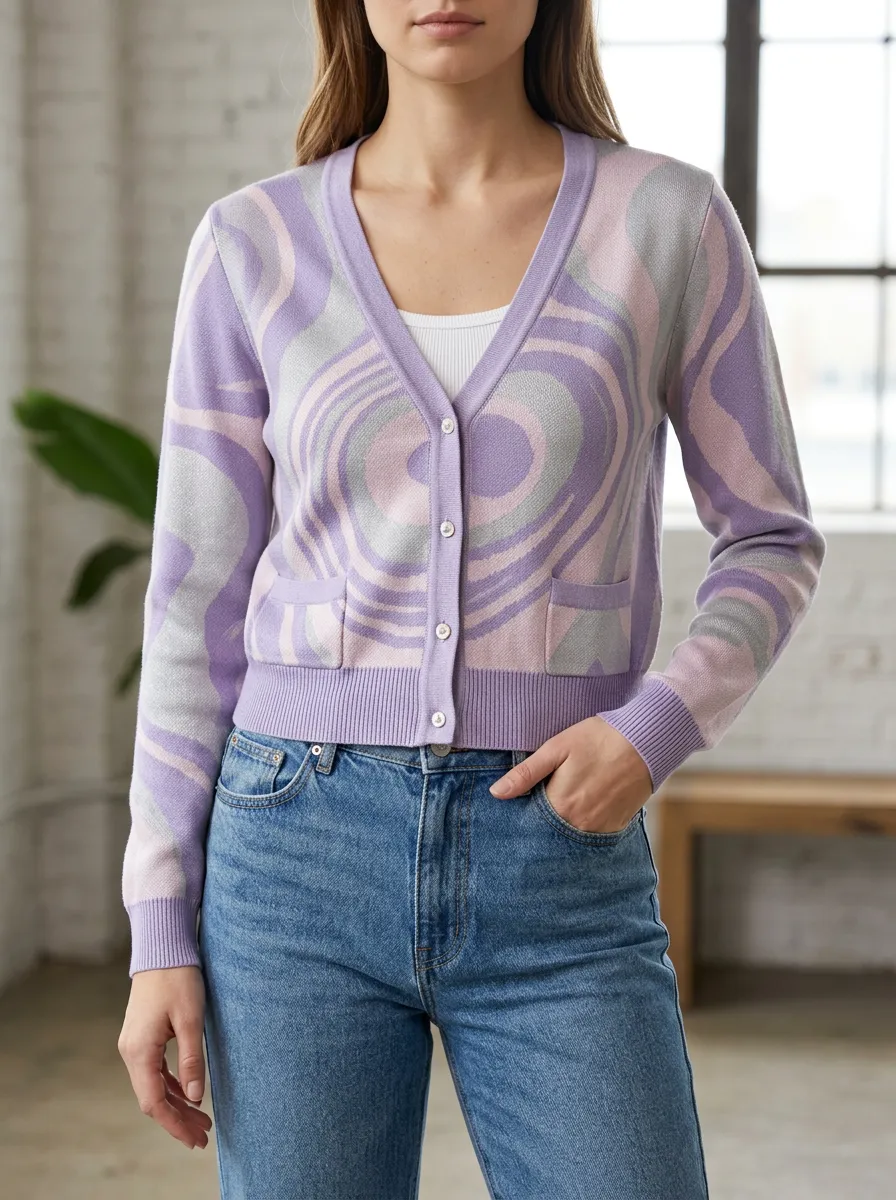 Women's Retro Swirl Pattern Printed Patch Pocket Everyday Layering Cardigan