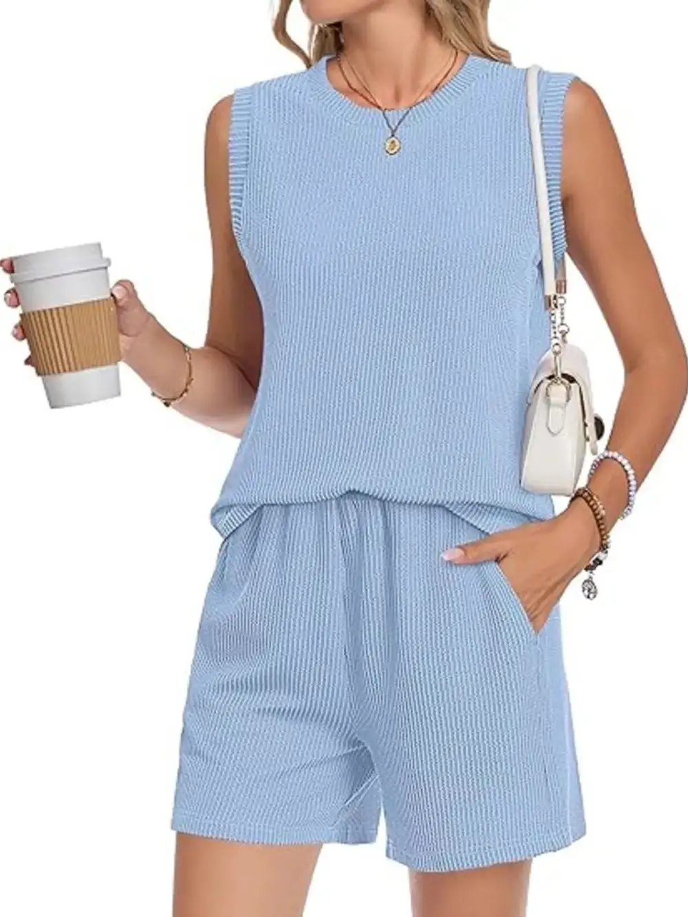 Casual Ribbed Knit Sleeveless Top Shorts Set