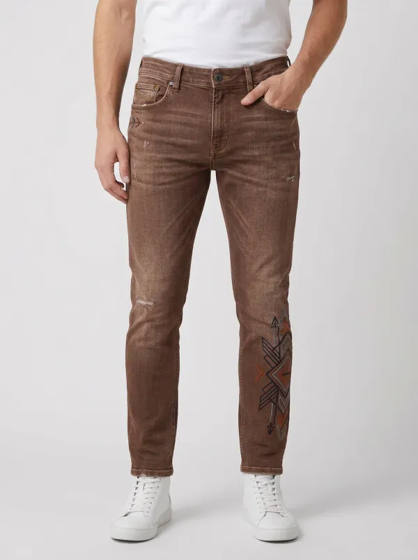 Men's Tribal Pattern Geometric Embroidered Slim-Fit Jeans