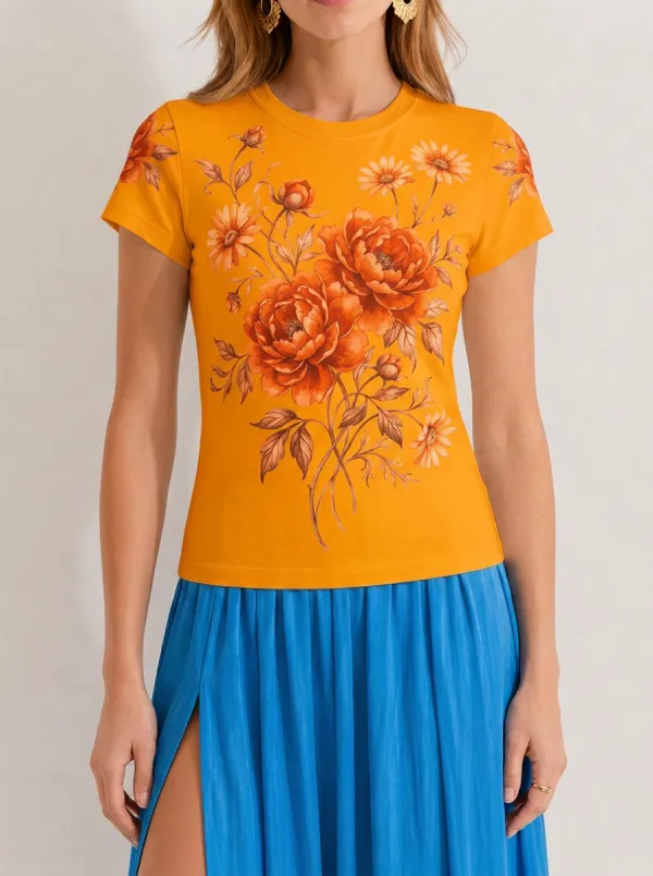 Women's Floral Lover Blue Peony Daisy Printed T-shirt