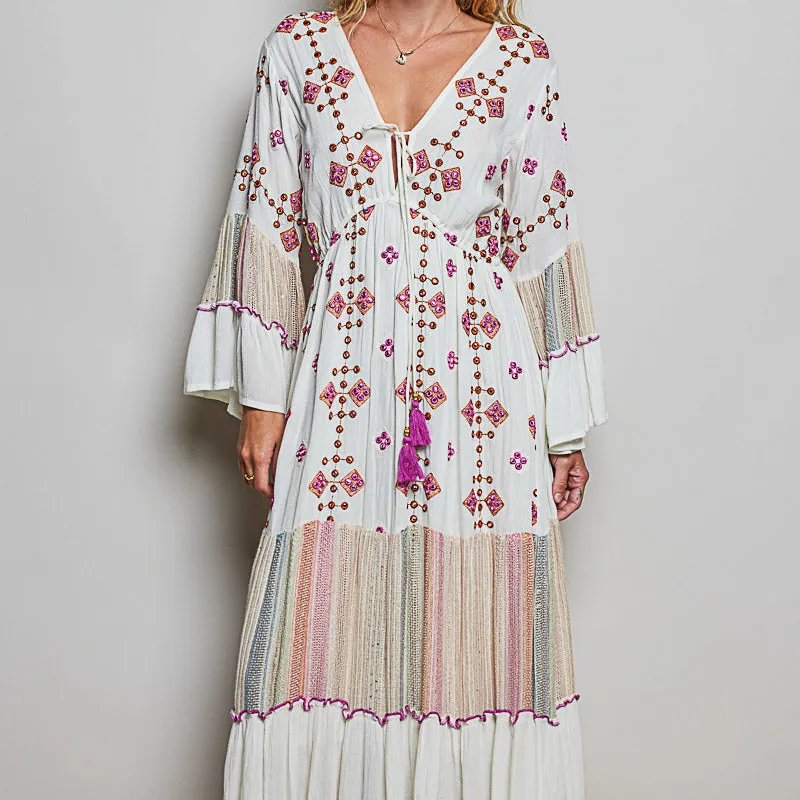 Tiered Long Sleeve V-Neck Dress