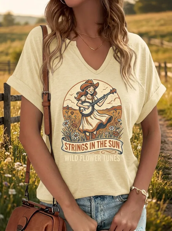 Country-Road Banjo Wildflower Country Music Graphic T-Shirt