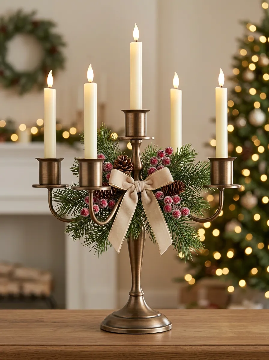 Pinecone Berry Bow Decorative Candelabra