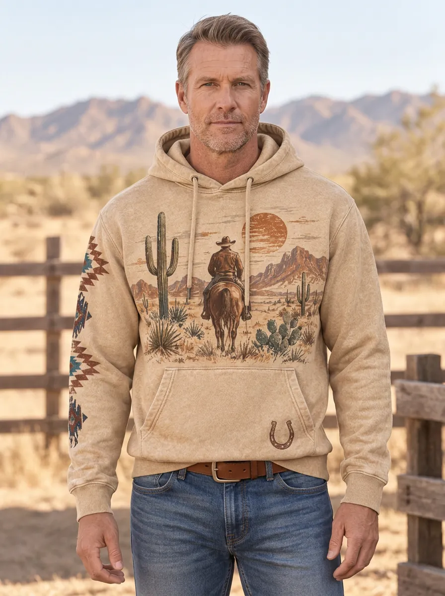 Men's Frontier Inspired Western Cowboy Cactus Desert Graphic Hoodie