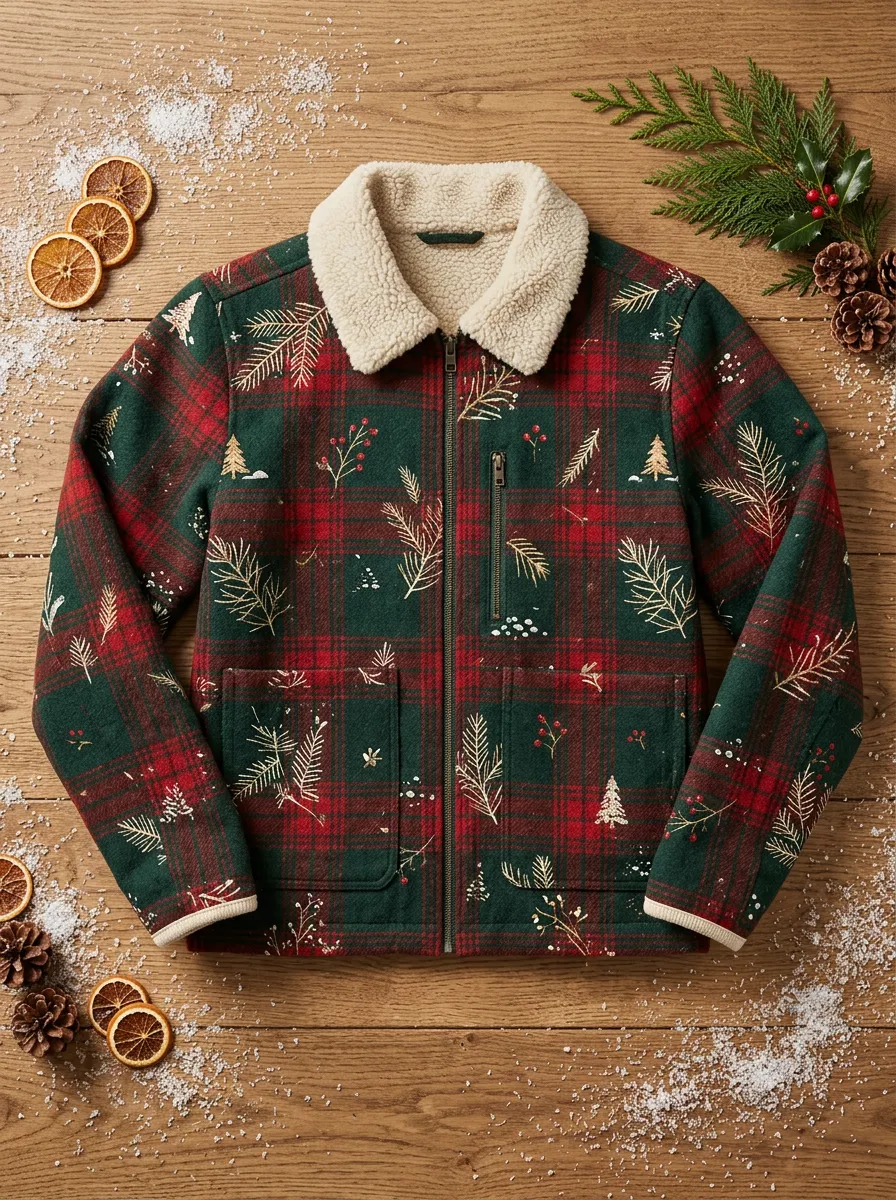 Unisex Christmas Pine Tree Plaid Print Sherpa Collar Jacket