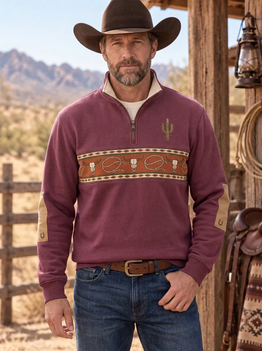 Men's Western Cowboy Cactus Half-Zip Sweatshirt