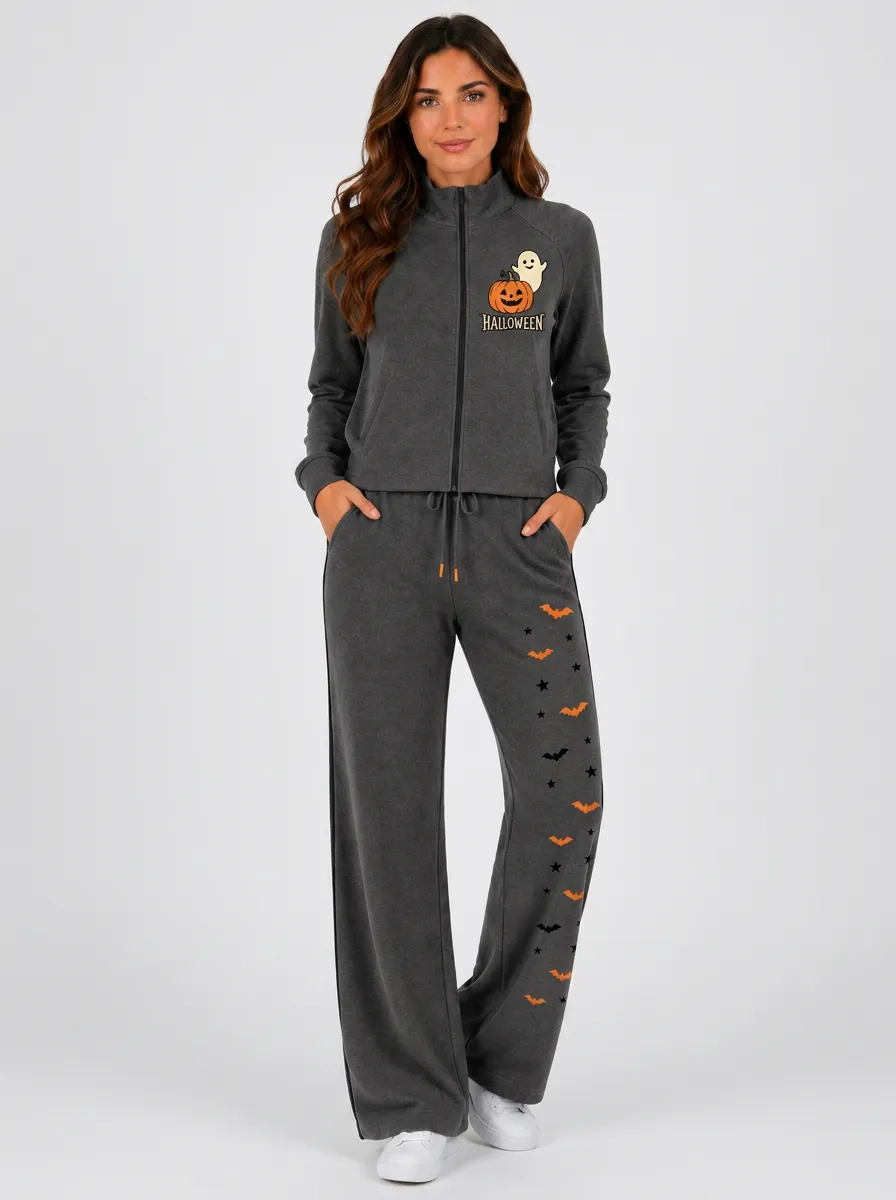 Women's Halloween Ghost Pumpkin Bat Printed Tracksuit