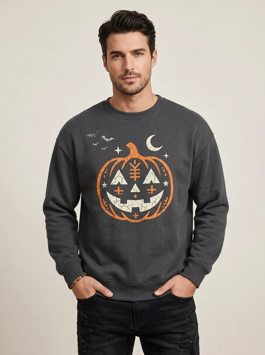Men's Halloween Pumpkin Moon Bats Graphic Sweatshirt