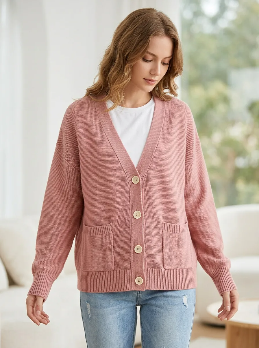 Women's Pink A2 Patterned Button Down Knit Cardigan