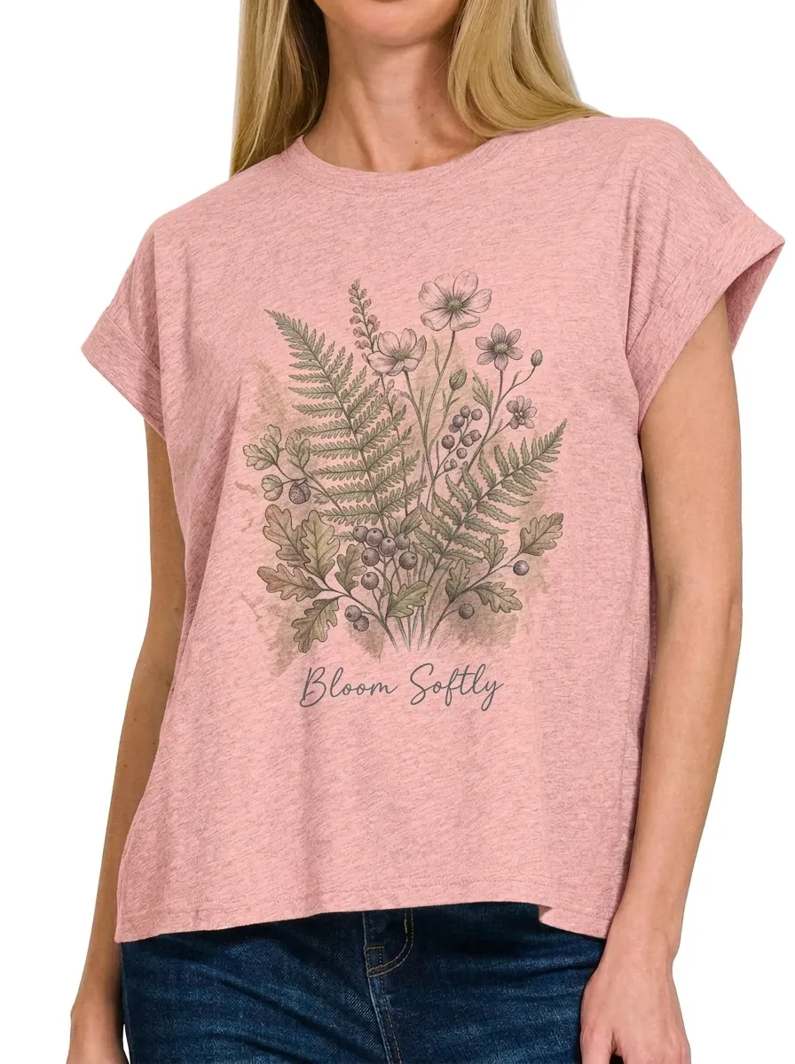 Women's Botanical Nature Lover Bloom Softly Printed T-shirt