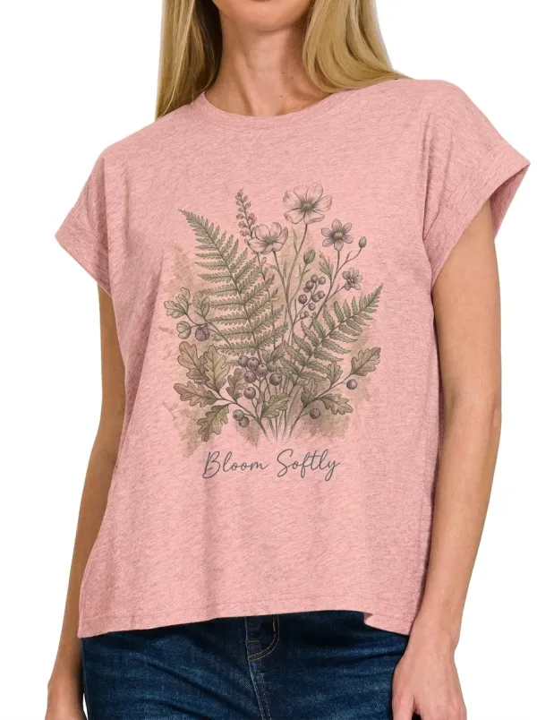 Women's Botanical Nature Lover Bloom Softly Printed T-shirt