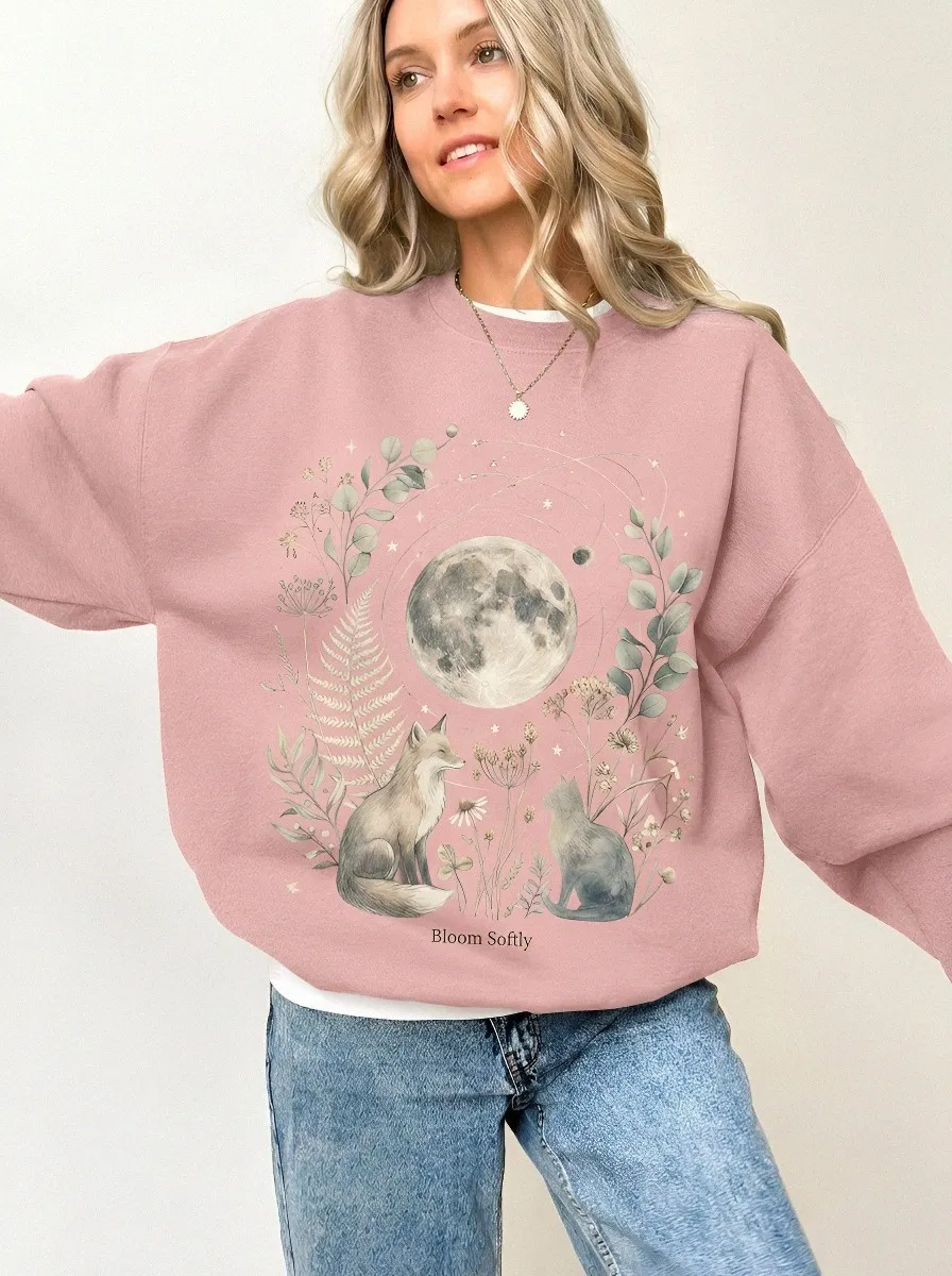 Women's Celestial Fox and Cat Moon Floral Printed Sweatshirt