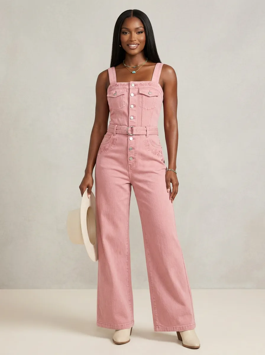 Pink Floral Embroidered Button-Front Denim Jumpsuit