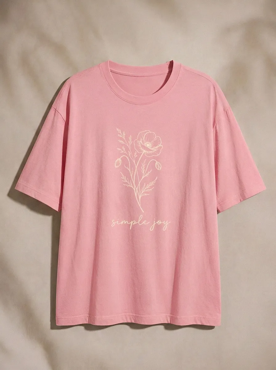 Women's Minimalist Floral Simple Joy Line Art Printed T-shirt