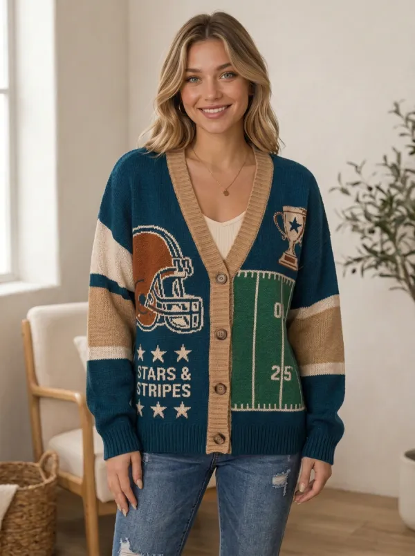 Women's Football Fan Helmet Field Trophy Pattern Knitted Cardigan