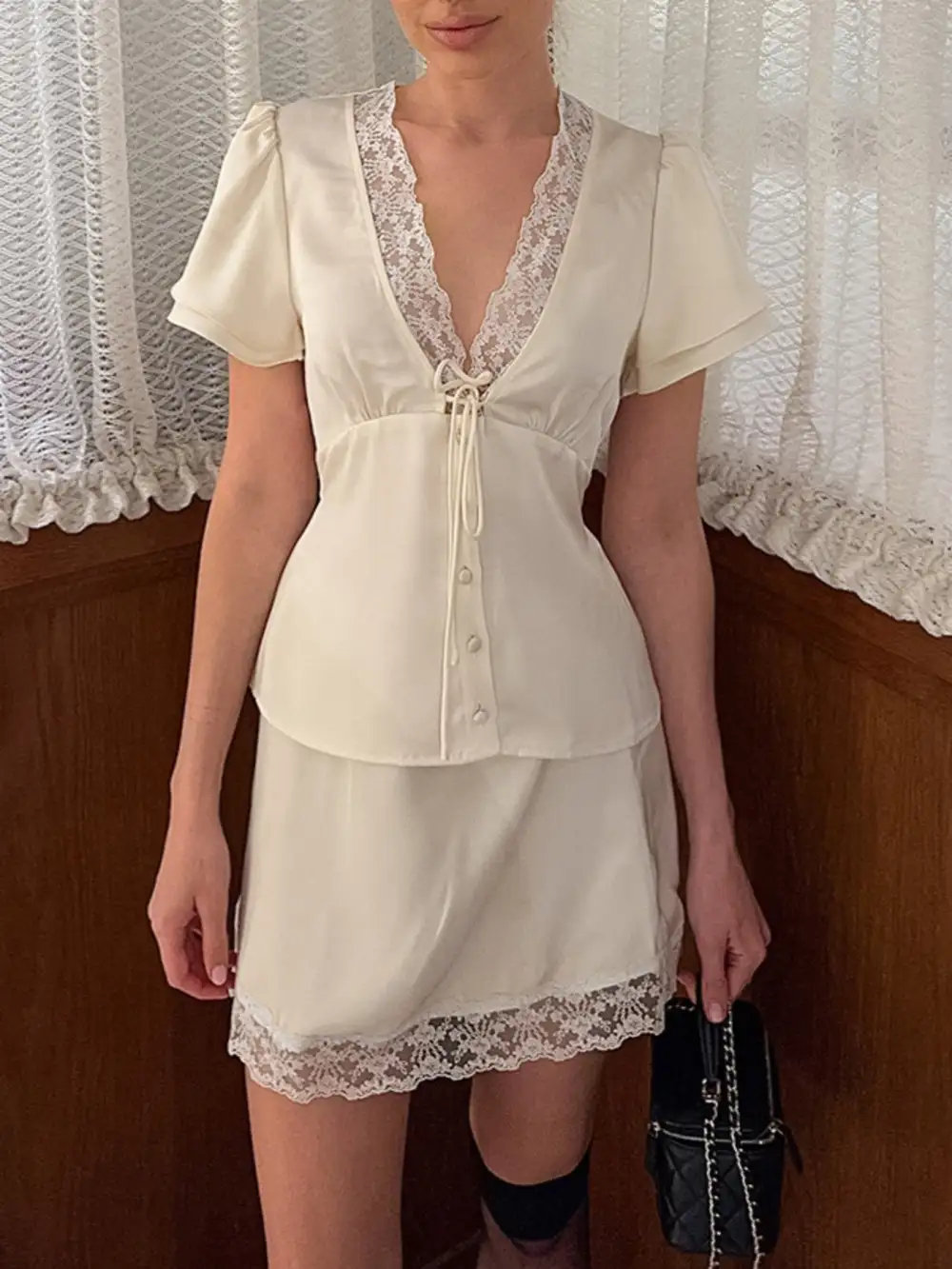Textured Lace Trimmed Top And Skirt Two-Piece Set