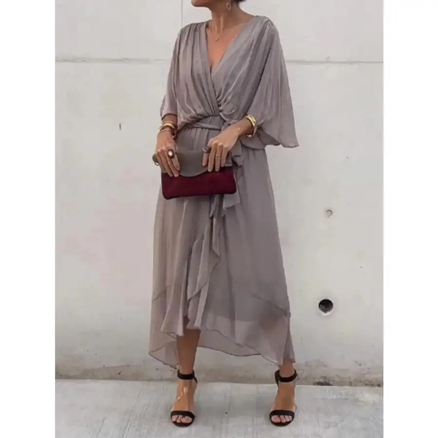 Full Size Flowy Tie Front Midi Dress with Flutter Sleeves Plus Size