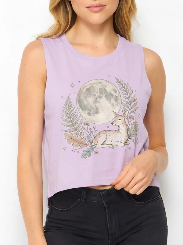 Women's Nature Lover Moon Deer Floral Printed Crop Tank Top