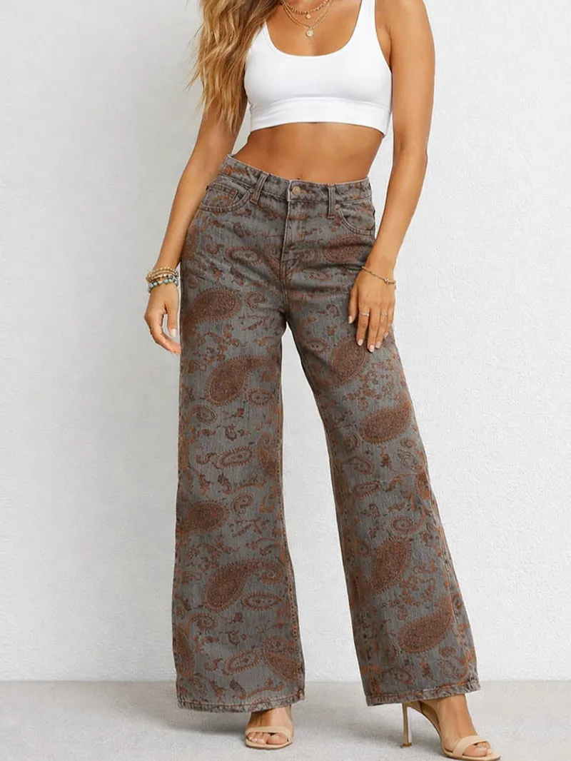 Flocked Paisley Jacquard Button Waist Wide Leg Denim Pants